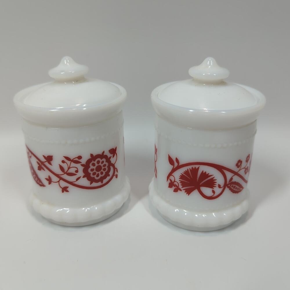 Lot Of 2 Hazel Atlas Milk Glass RED Sweet Pea Mustard Spice Jars With Lids